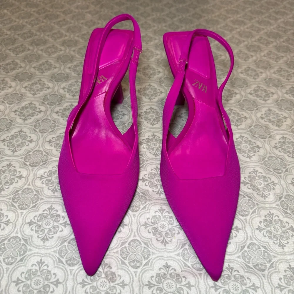Zara Fuchsia Fabric High-Heel Slingback Court Shoes. Size 37/6.5